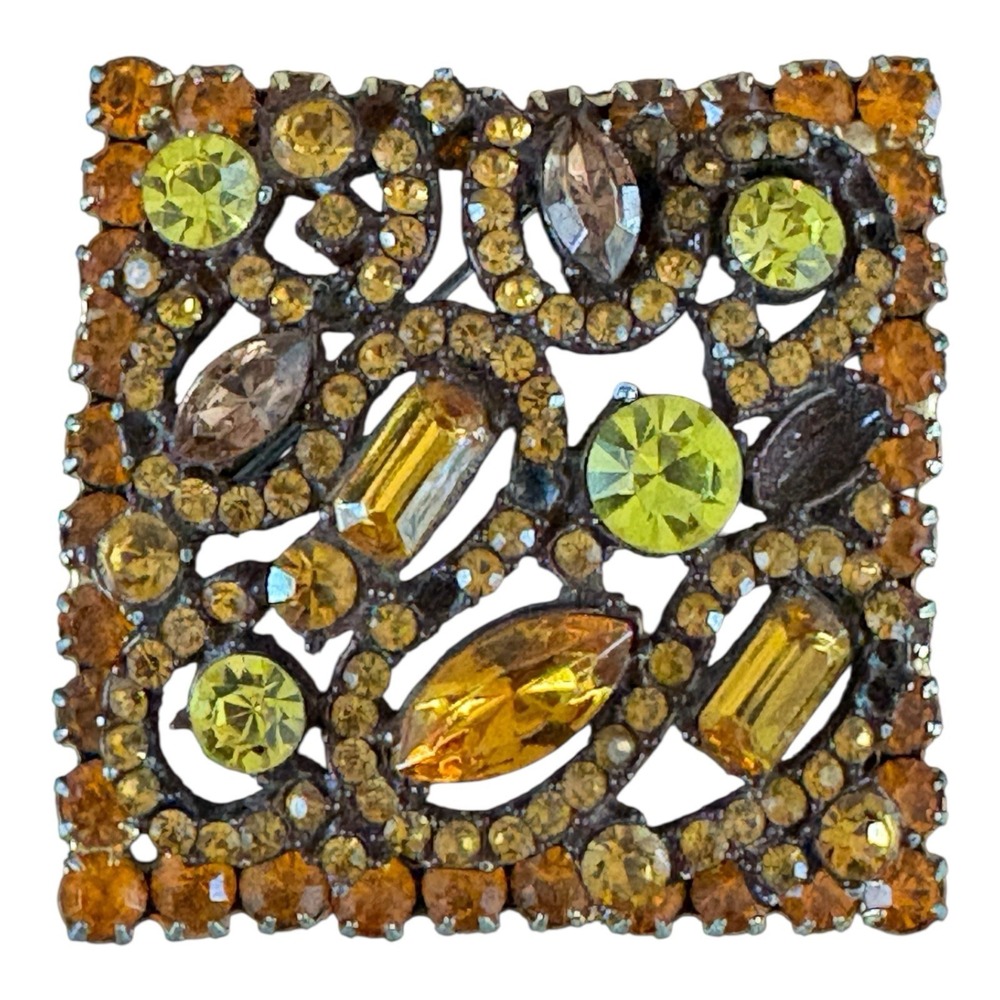 Vintage Juliana D&E Brooch Yellow &‎ Orange Square Pin 2" READ - MISSING STONES